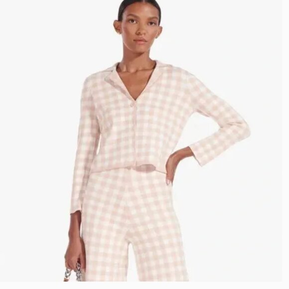 STAUD Juliette Gingham Jacquard Knit Top Jacket Neutral Size Medium - Picture 3 of 12